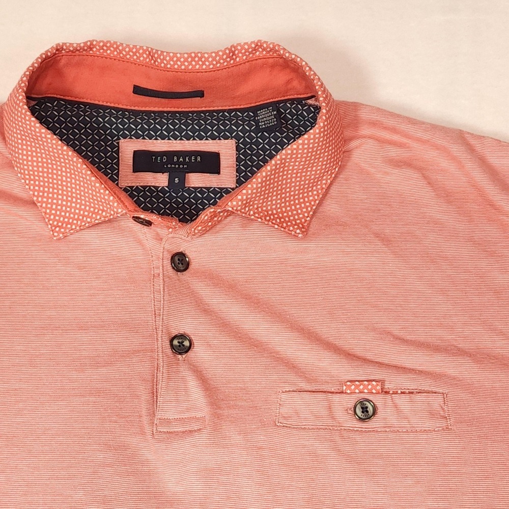 Ted Baker Polo Shirt Mens XL Pink Short Sleeve Cotton Contrast Collar Pocket - Picture 2 of 8